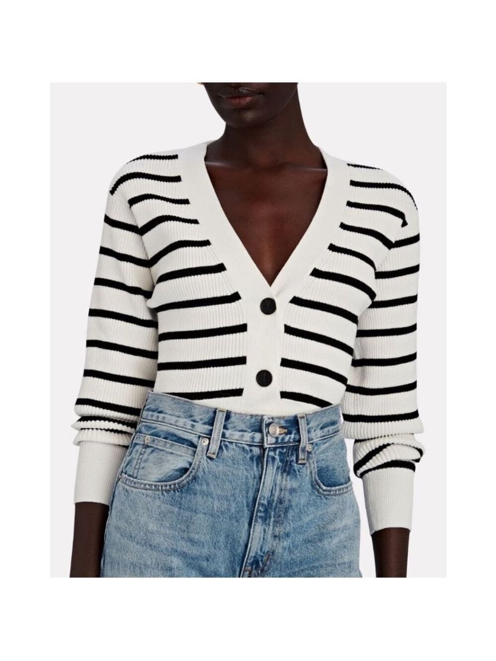 FRAME Relaxed Striped Rib-Knit Cardigan Black and White Stripes Size Small - Picture 5 of 13